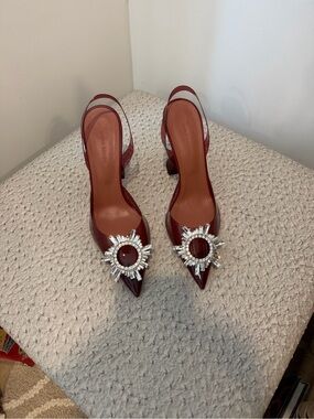 Amina Muaddi Burgundy Pointed Slingbacks with Crystal Sunburst